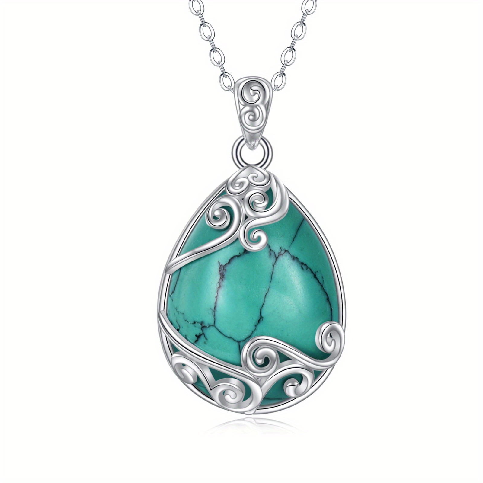 925 Sterling Silver Patterned Pendant Necklace Set with Synthetic Turquoise